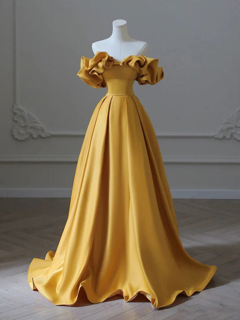 Women's Clothing For Holiday Travel Feminine Elegance Amzcw Yellow A-Line Satin Long Prom Dresses Yellow Long Evening Dress prom dress in store