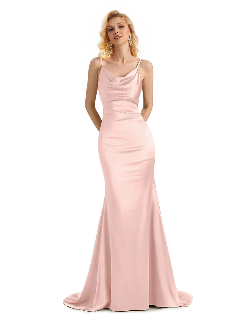 Modern Women's Attire Ride The Style Wave Elegant Soft Satin Cowl Neck Criss Cross Long Mermaid Evening Prom Dresses Online In Stock