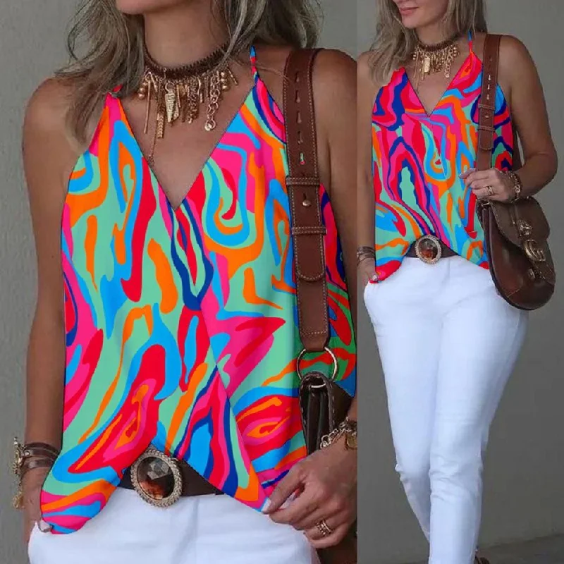 Women's Evening Wear Outfit Hot Trends Abstract Print Halter Sleeveless Wrap Tank Top