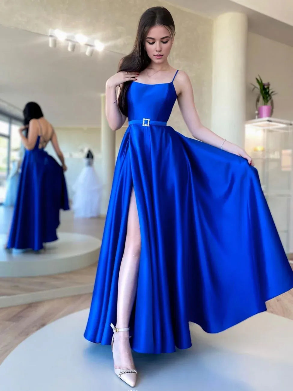 Women's Clothing For Travel Feminine Charm Amzcw Simple Blue Satin Long Prom Dresses Blue Formal Party Dress prom dress in store