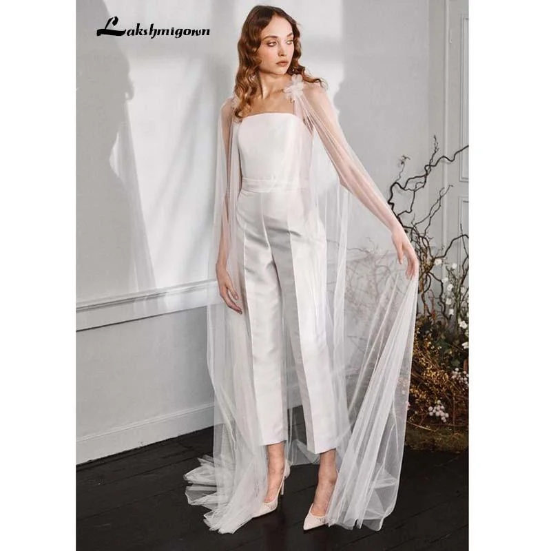 Women's Comfortable Lounge Attire Special Offer For You Roycebridal Modest Jumpsuit Wedding Dresses with cape