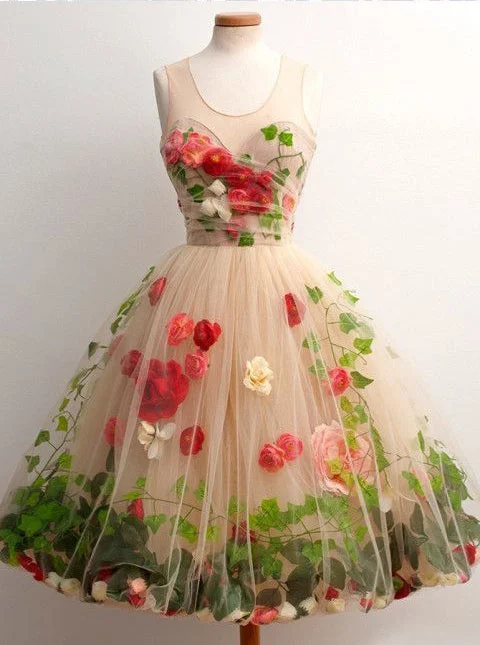 Women's Casual Wear Clothes Budget-Friendly Fashion A-Line Scoop Tulle Short Homecoming Dress With 3D Florals OP289