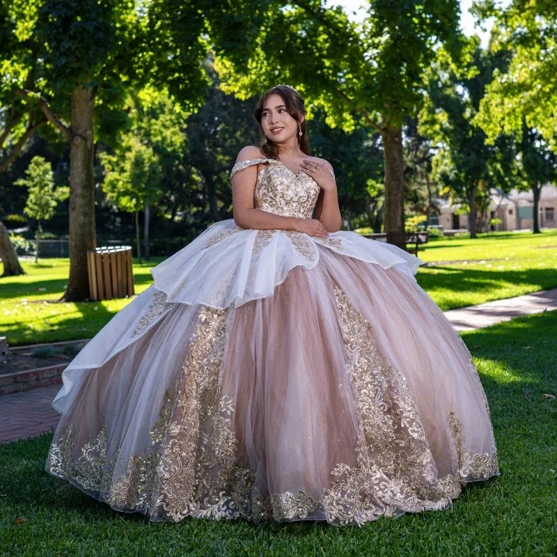 Women's Classic Outfit Trendy Street Style Attire Sexy Off Shoulder Ball Gown Quinceanera Dress Tulle Gold Appliques Lace Sweet 15 16 Years Birthday Party Formal