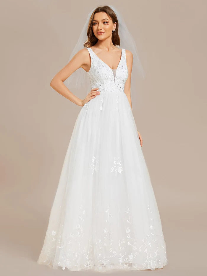 Women's Trendy Apparel Best Deals Of The Season Sleeveless V-Neck A Line Embroidered Tulle Wedding Dress with Applique