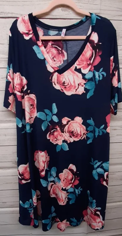 Stylish Outerwear Clothes For Women Latest Trends Blue V Neck Dress with Bright Pink Florals