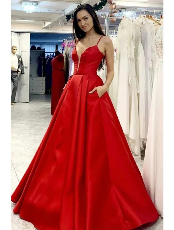 Women's Activewear Garments Your Timeless Wardrobe Awaits A-Line Prom Dresses Minimalist Dress Formal Floor Length Sleeveless V Neck Pocket Satin with Pleats