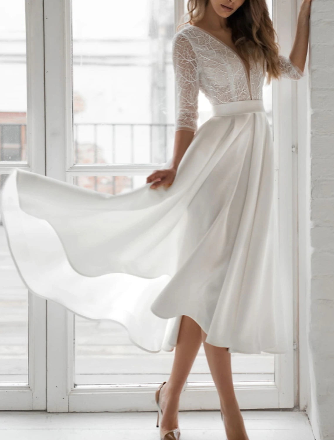 Women's Clothing With Trendy Designs Runway Inspired Wear Bridal Shower Little White Dresses Wedding Dresses A-Line V Neck 3/4 Length Sleeve Tea Length Chiffon Bridal Gowns With Solid Color