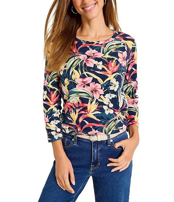 Women's Casual Wear Outfit Trend Forward Threads For Her Tommy Bahama Women's Ashby Villa Garden 3/4 Sleeve T-Shirt - Black