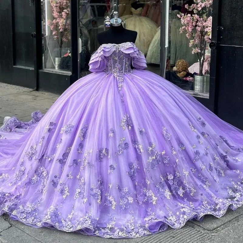 Women's Chic Outfit The Latest Trends Saudi Arabic Princess Lilac Quinceanera Dresses Flowers Sweet 16 Dress Ball Gown Part Prom Wear Lace Up