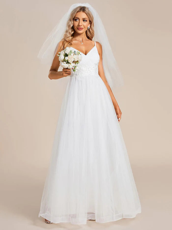 Women's Professional Apparel Season Offer Spaghetti Straps V-Neck Waist Applique A-Line Tulle Wedding Dress