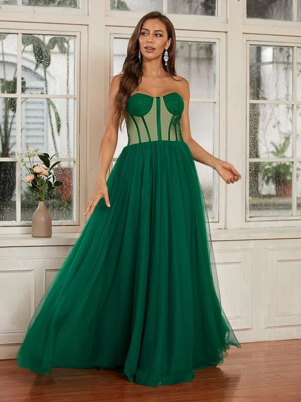 Affordable Women's Attire Quality Driven Apparel A-Line/Princess Tulle Ruffles Sweetheart Sleeveless Floor-Length Dresses