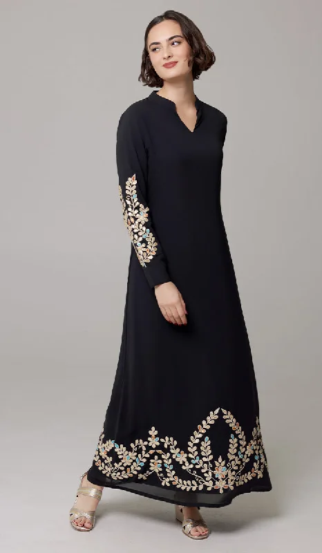 Women's Seasonal Attire Fast Fashion Favorites Meraj Gold Embellished Modest Long Maxi Dress - Black - PREORDER (ships in 2 weeks)