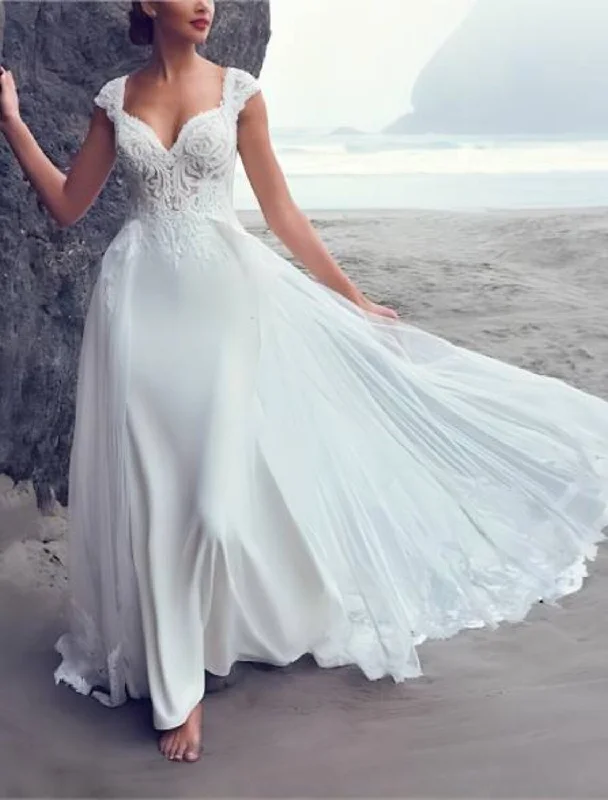 Women's Night-Out Outfit Chic Style Beach Boho Wedding Dresses Mermaid / Trumpet V Neck Cap Sleeve Court Train Chiffon OverSkirts Bridal Gowns With Embroidery Appliques