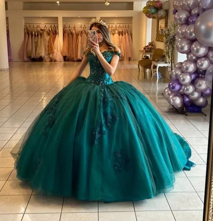 Women's Outerwear Apparel Chic Styles Teal Blue Princess Quinceanera Dresses Ball Gown Off The Shoulder Tulle Appliques Sweet 16 Dresses 15 Años Mexican