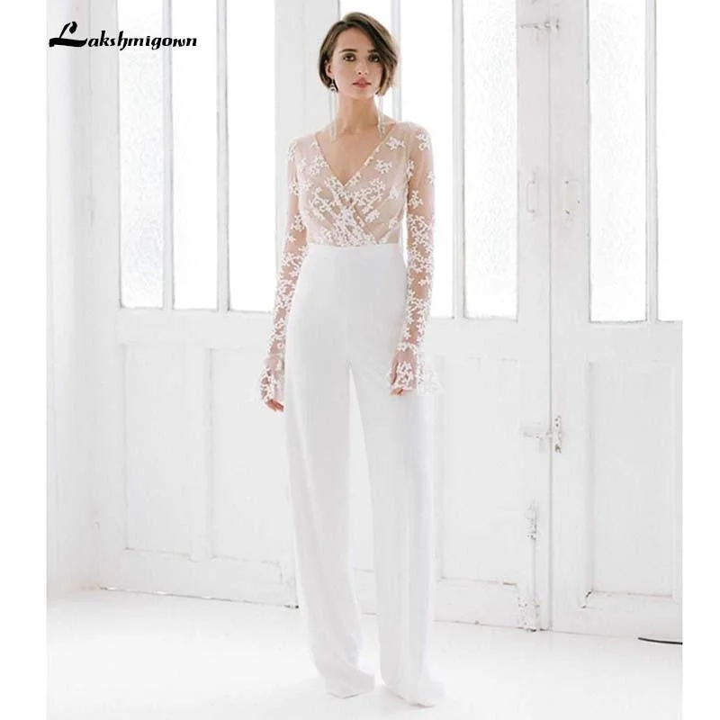 Stylish Women's Garments Step Ahead, Lead The Trend Roycebridal White Wedding Jumpsuit Beach Wedding Dresses V Neck Long Sleeve