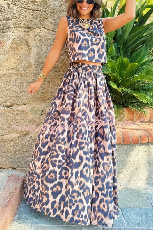 Women's Casual Wear Outfit Day-To-Night Styles Lisa Leopard Print Back Tie-up Tank and Elastic Waist Pleated A-line Maxi Skirt