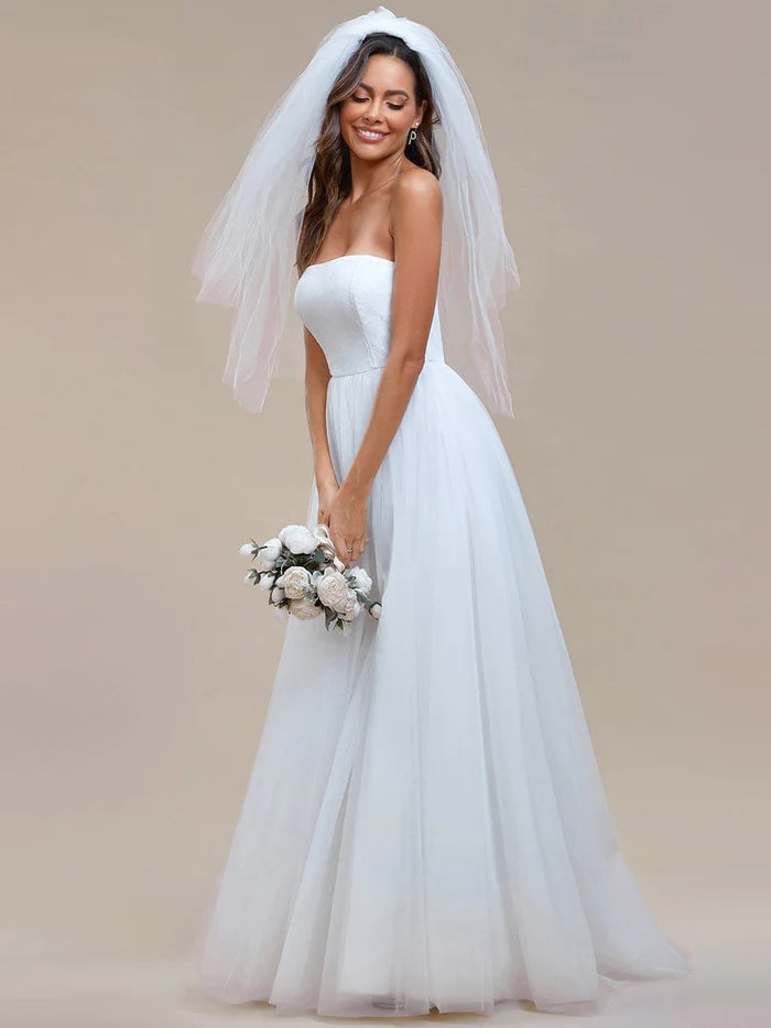 Women's Trendy Activewear Apparel Hot Brand Discounts Romantic Back-laced Adjustable Strapless A-Line Tulle Wedding Dress