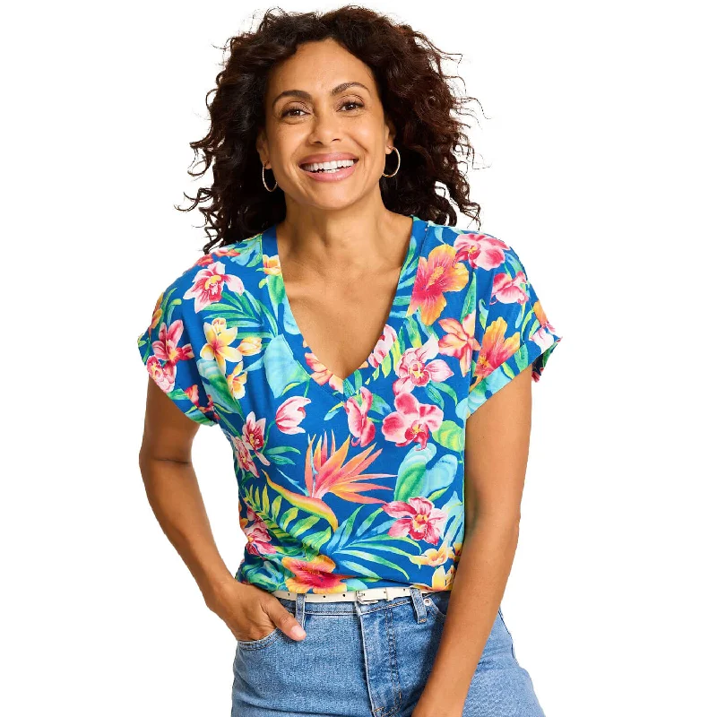 Affordable Women's Outfit Unleash Your Fashion Tommy Bahama Women's Kauai Tropi-Flore V-Neck T-Shirt - Cobalt Sea