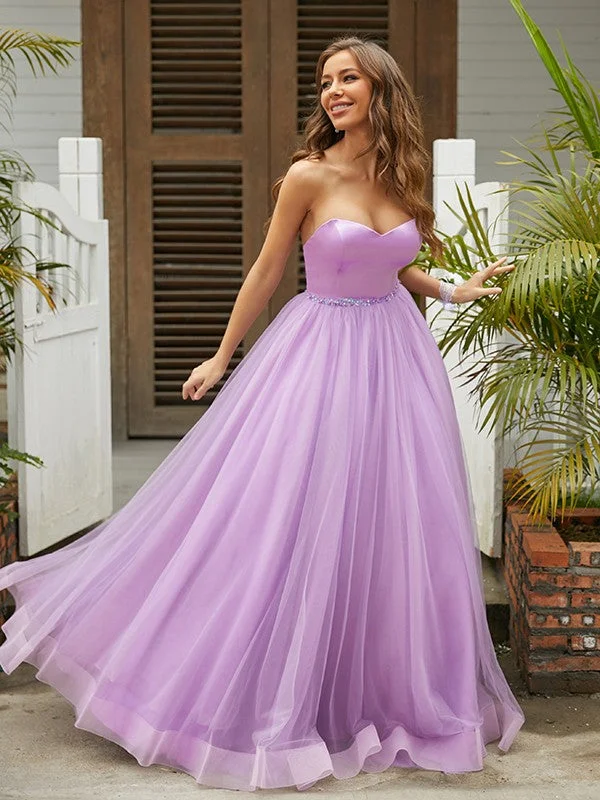 Women's Evening Attire Premium Quality Garments A-Line/Princess Tulle Ruffles Sweetheart Sleeveless Floor-Length Dresses