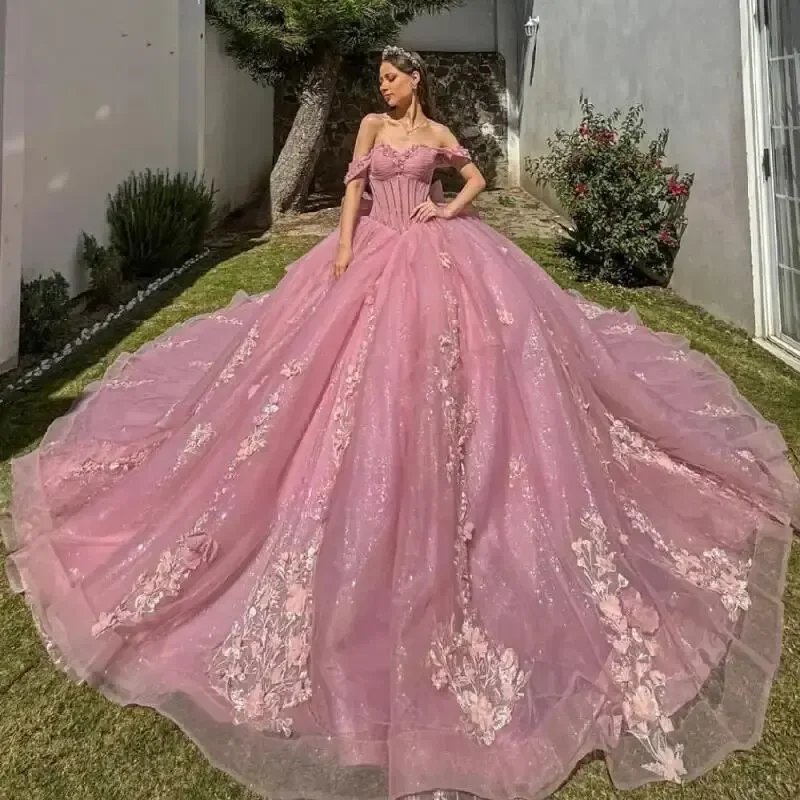 Women's Clothing For Everyday Wear Hurry Before It's Gone Pink Long Train Quinceanera Dress Off Shoulder Birthday Party Ball Gown Sweet 15