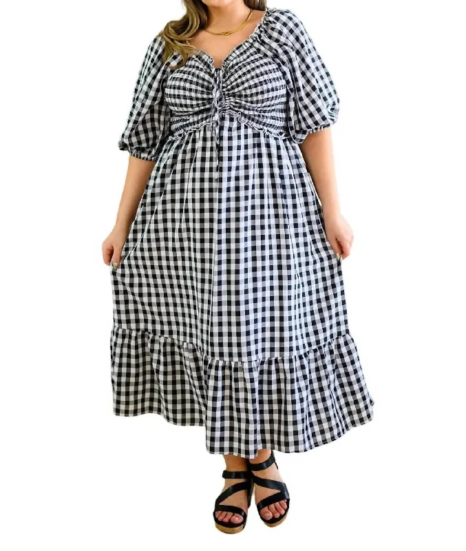 Women's Relaxed Outfit Trendsetting Threads Greenville Gingham Midi Dress In Black/white