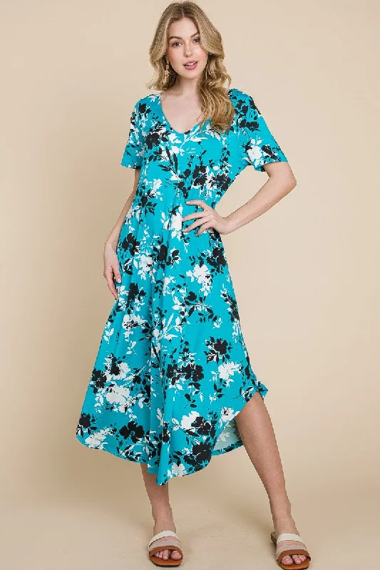 Women's Trendy Casual Clothes Save Big Turquoise Black Floral Dress