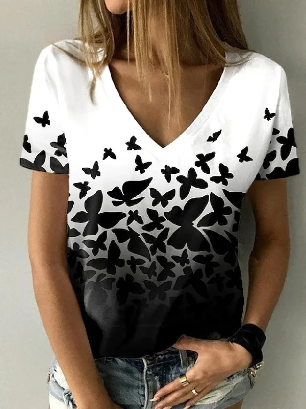 Stylish Clothes For Women Eco Friendly Fashion Sale JuliaFashion - 2024 Women Sumerm Casual Drawing Butterfly Print V-Neck T-Shirt