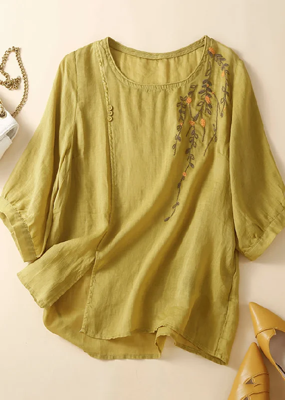 Women's Athletic Garments Flowy Fabric Fine Yellow Embroideried Patchwork Side Open Linen Tank Summer