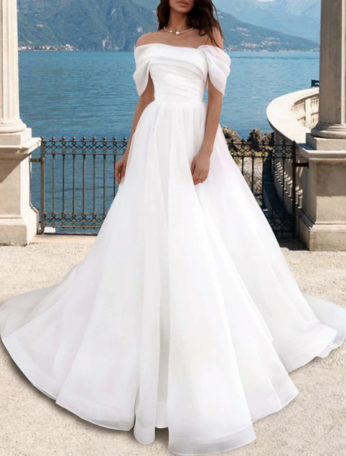 Women's Tailored Outfit Fashion-Forward Outfits Beach Wedding Dresses A-Line Off Shoulder Cap Sleeve Court Train Organza Bridal Gowns With Pleats Ruched