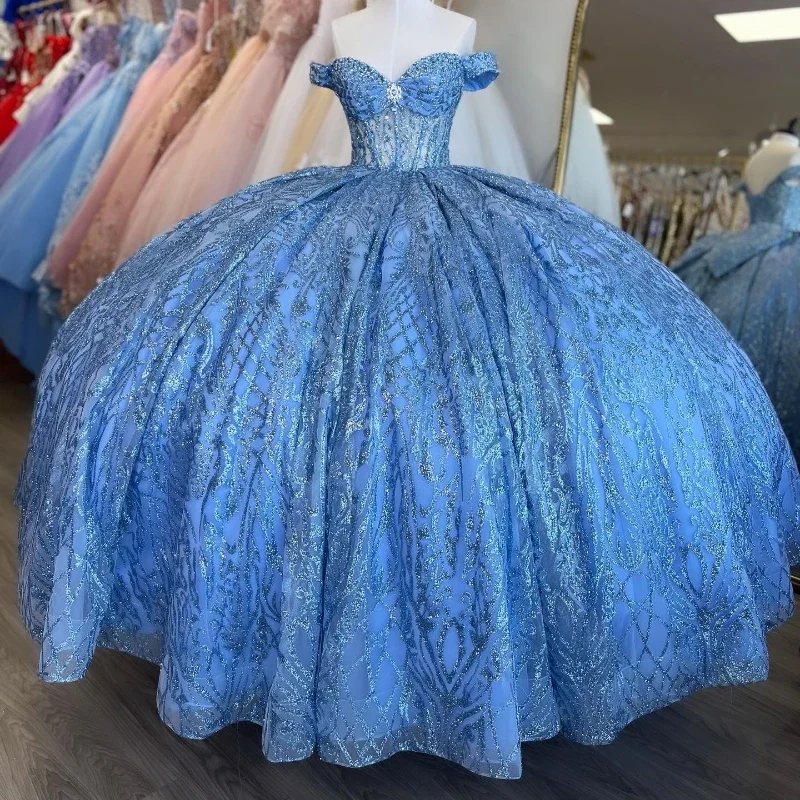 Women's Timeless Attire Style Breakthroughs Sky Blue Glittering Quinceanera Dresses Lace Beading Off the Shoulder Formal Birthday Party Ball Gown Vestidos De 15 Anos Gowns