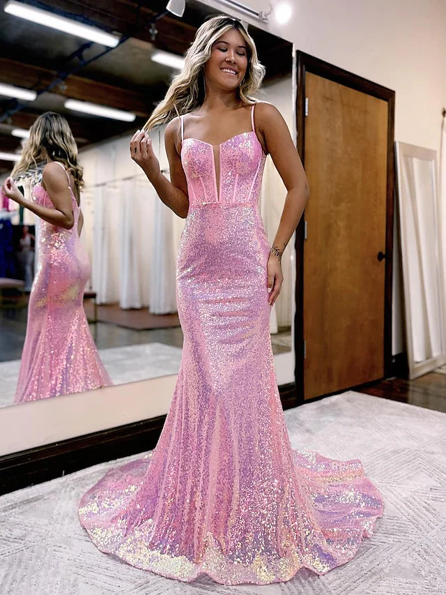 Sustainable Fashion Clothing For Women Trendy Street Style Attire Prom Dresses Sparkle & Shine Dress Formal Court Train Sleeveless Spaghetti Strap Sequined V Back with Sequin