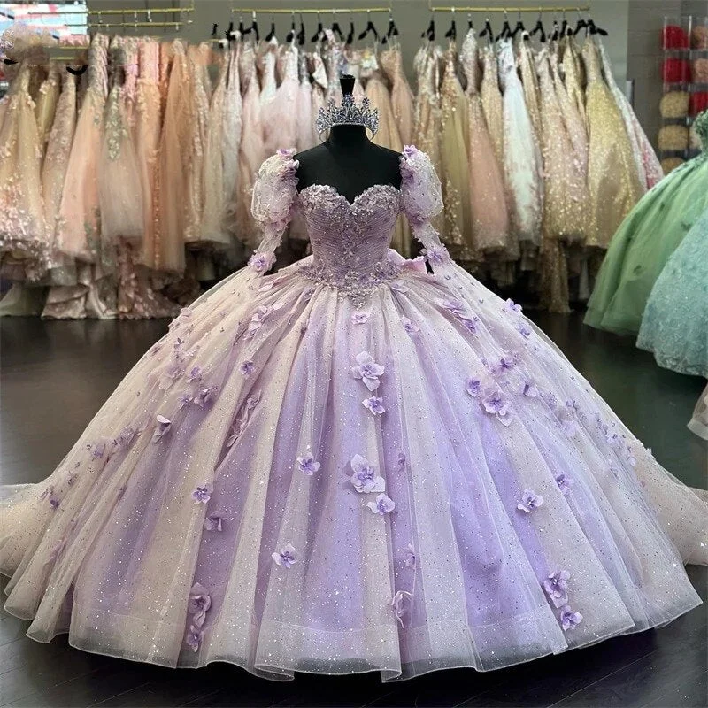 Charming Everyday Clothing For Women Special Offers Purple Flowers Quinceanera Dresses Bow Two Sleeves Appliques Crystal Sweet 15th Prom Party Gowns Luxury Vestidos