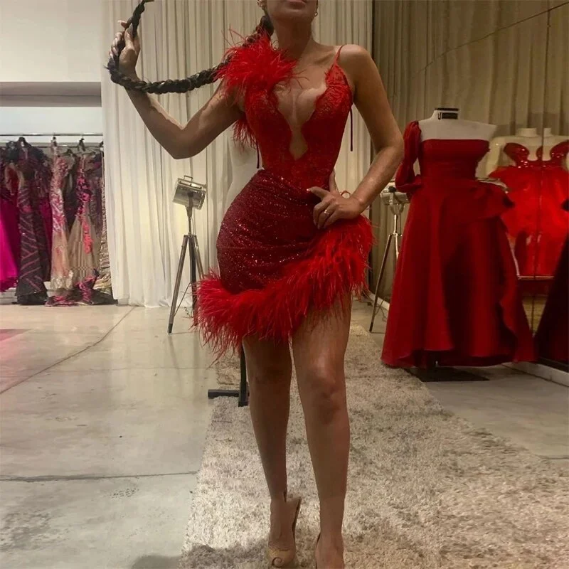 Women's Urban Clothing Must Haves Red Sexy Fashion Party Dress Spaghetti Strap Feathers Lace Sequins Sparkly Women Prom Cocktail Gowns Custom Made Plus Size