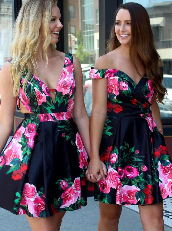 Women's Evening Clothes Elegant Style A-line Black Floral Print Short Prom Dresses Homecoming Dress