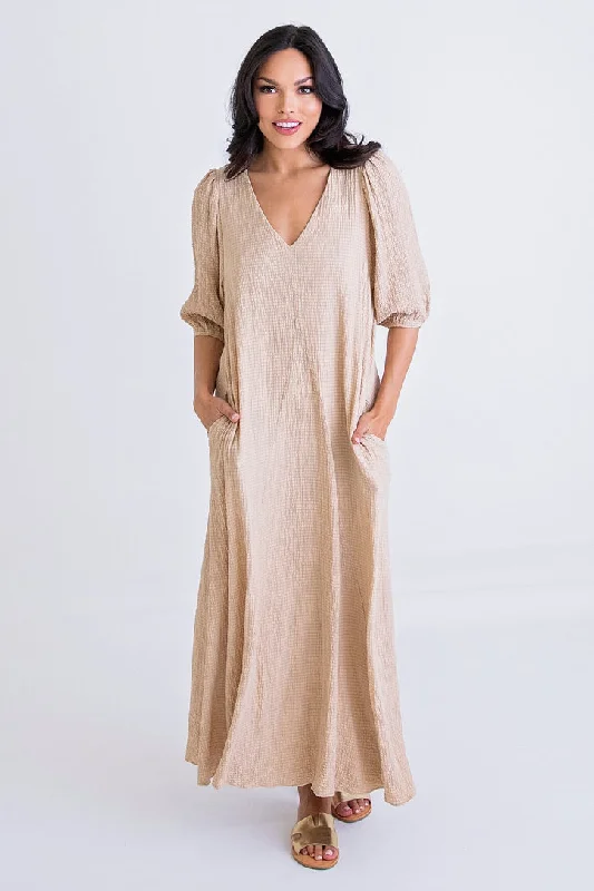 Women's Sporty Clothes Fashion Forward, Function First Taupe Vneck Signature Maxi Dress