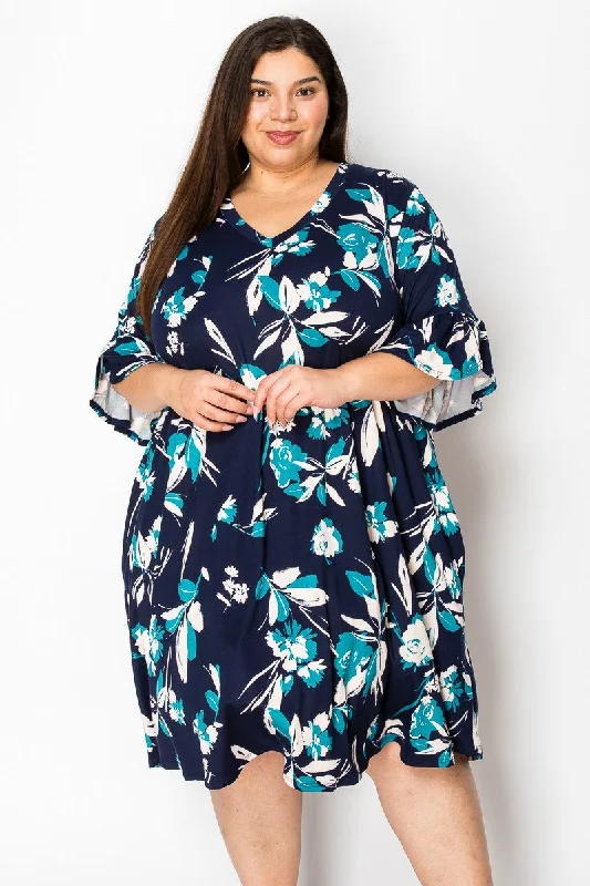 Women's Outerwear Clothing Relaxed Style Navy Floral Dress w Pockets