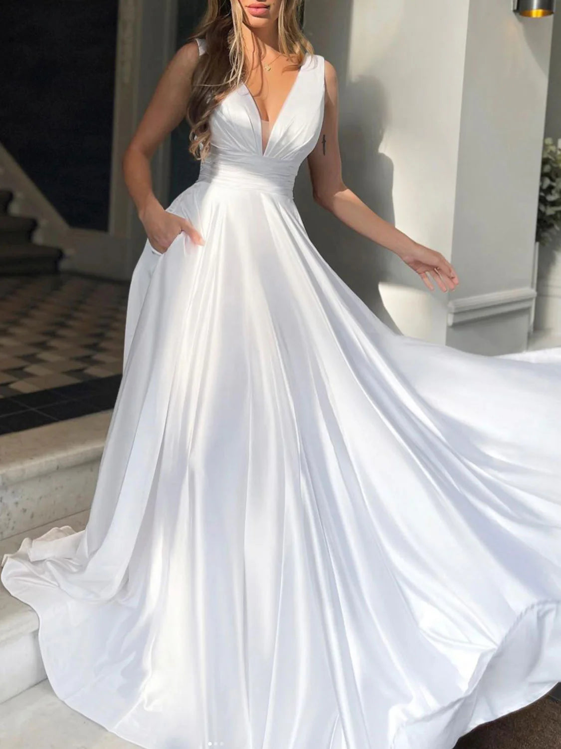 Women's Clothes For Work Elegant Styles Amzcw Simple v neck white Aline satin long prom dress white evening dress formal wear dresses