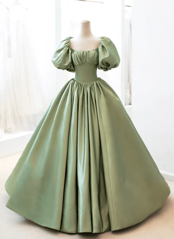 Women's Outerwear Attire Trend Forward Women's Wear A-Line Princess Green Satin Puffy Sleeves Long Formal Dress Satin Prom Dress Party Dress