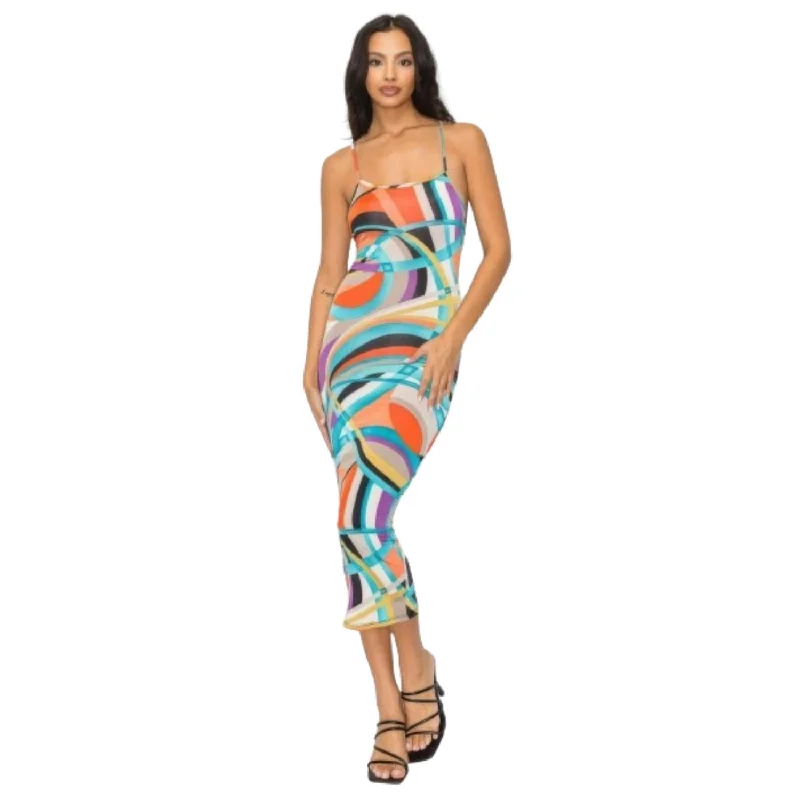 Women's Apparel Trending Items Crossed Back Marble Print Multicolor Midi Dress