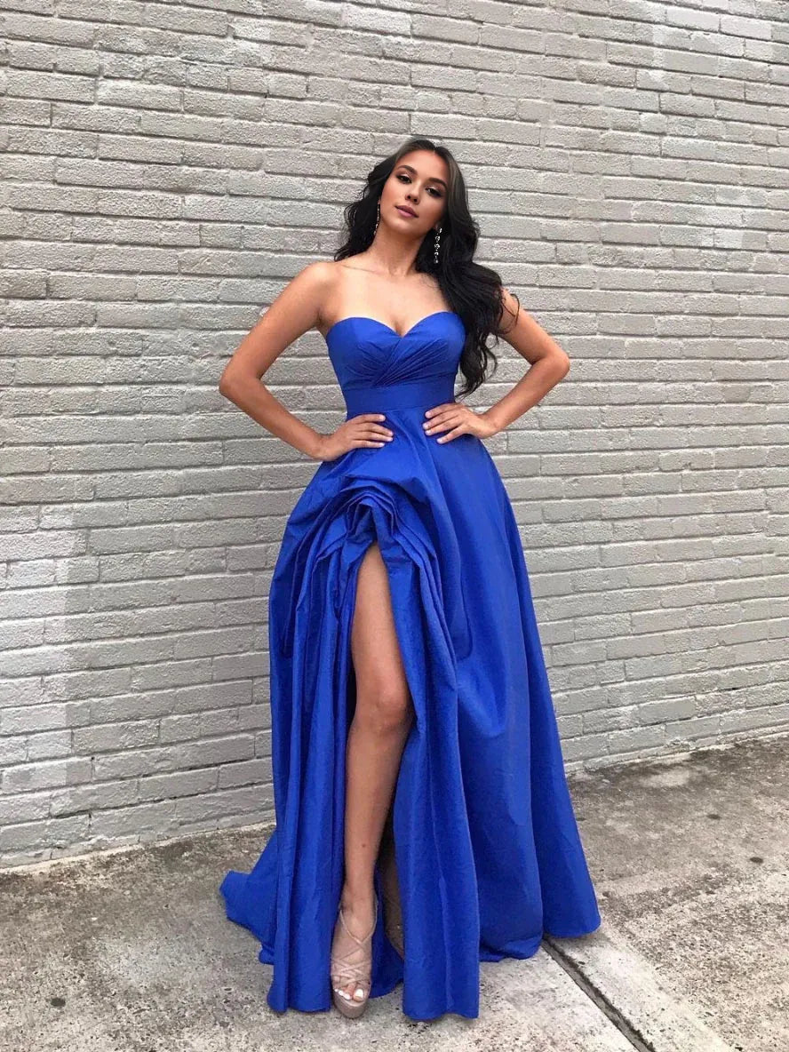 Classic Women's Apparel Limited-Time Offer Amzcw Simple blue satin long prom dress blue evening dress stores with prom dresses