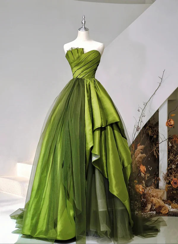 Women's Comfortable Lounge Garments Quality Wear A-Line Princess Ballgown Green Satin and Tulle Sweetheart Long Party Dress Prom Dress