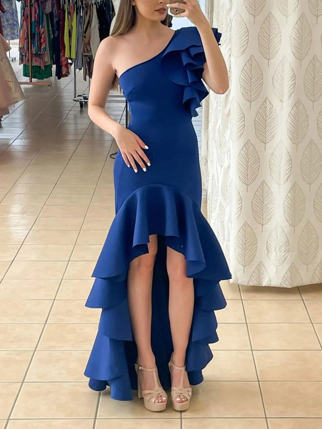 Women's Active Clothing Elegant Details Amzcw Royal blue satin one shoulder long prom dress blue cocktail dress prom dress in store