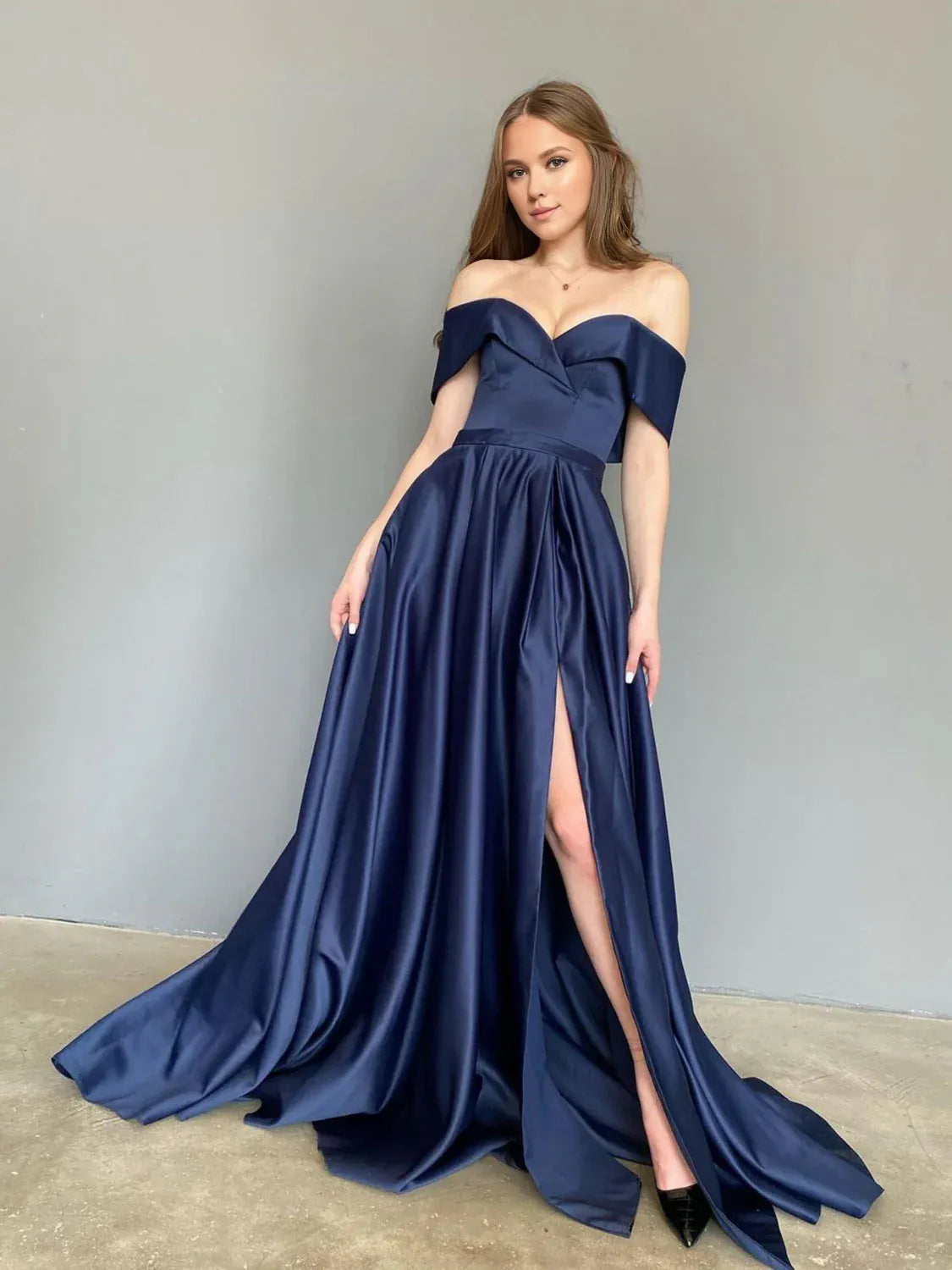 Casual Chic Women's Clothes Casual Chic Amzcw Simple blue off shoulder satin long prom dress blue evening dress prom dresses shops