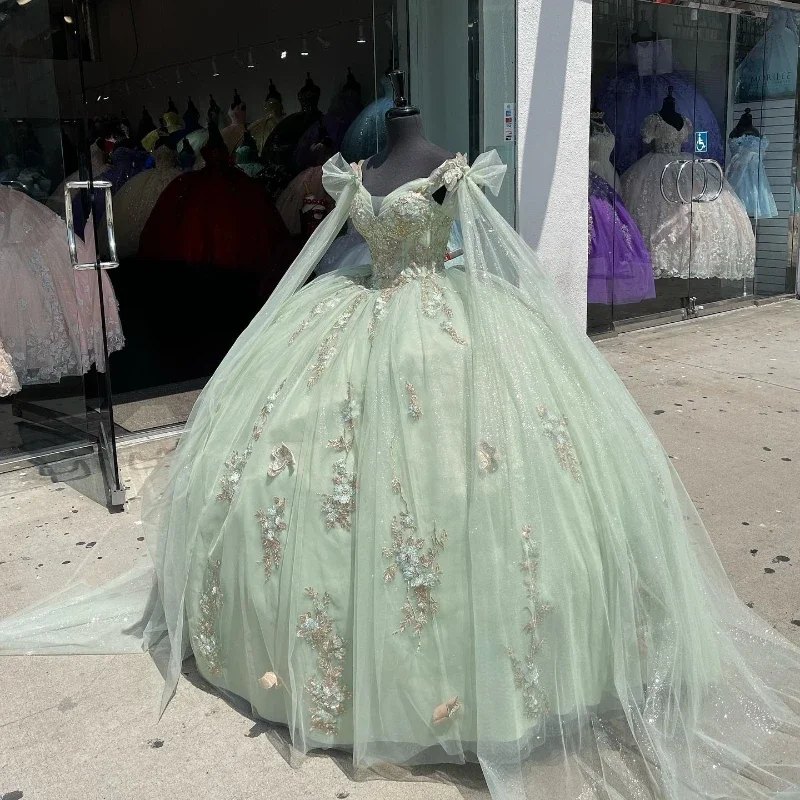 Women's Formal Event Outfit Everyday Basics Sage Green Tulle Quinceanera Dresses Sweetheart Beads Applique Lace With Cape Ball Gown Sweet Sixteen Dress Gowns vestidos de 15