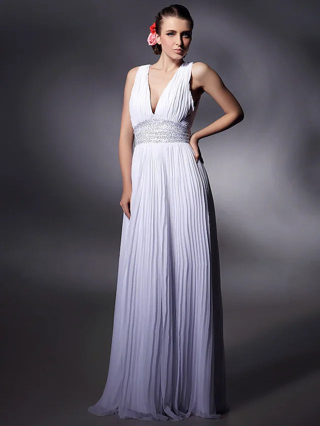 Women's Luxury Apparel Versatile Outfits Celebrity Style Dress Prom Floor Length Sleeveless Plunging Neck Chiffon with Beading Draping