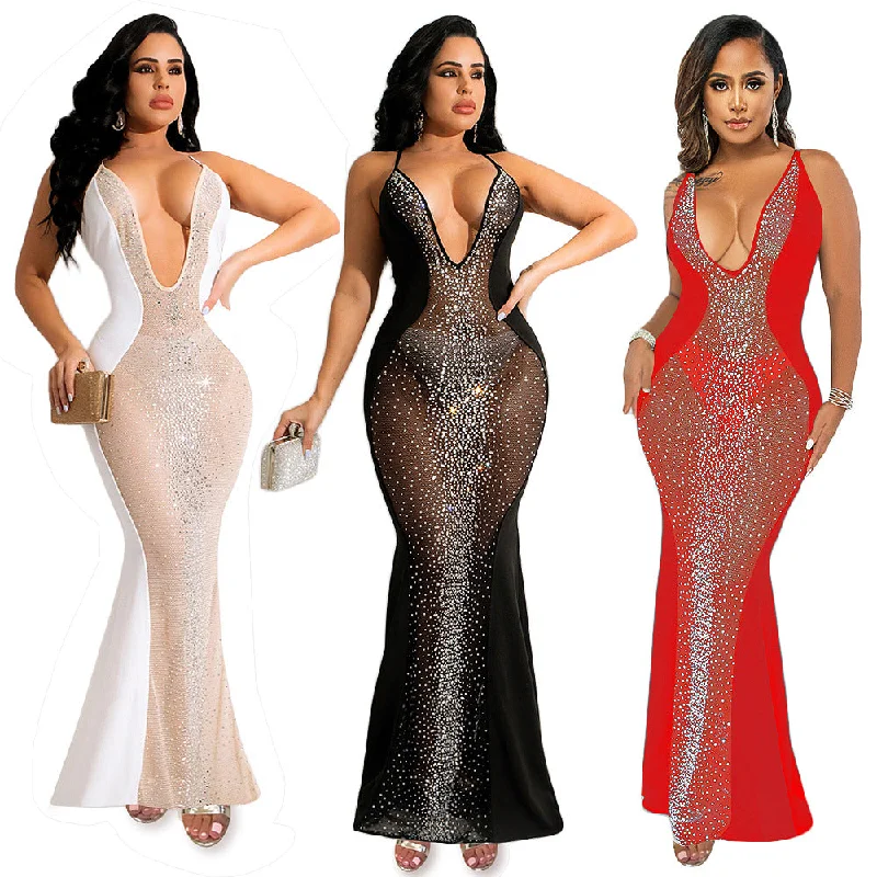 Affordable Luxury Women's Garments Seasonal Sale Sexy See through hot drill sleeveless ladies club dress elegant gowns for women evening dresses