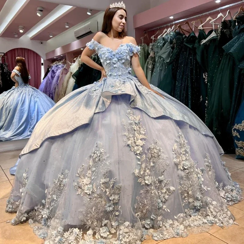 Women's Chic Outerwear Attire Versatile Wardrobe Essentials Sky Blue Off The Shoulder Quinceanera Dress Ball Gown 3D Flowers Applique Beads Crystal Tull Sweet 16 Vestidos De XV 15 Anos