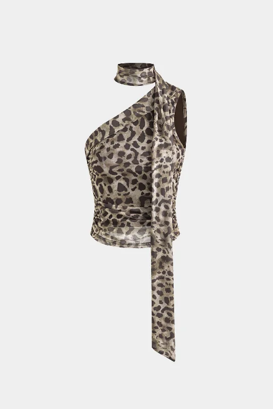 Women's Cozy Outfit For Lounging Save Big Leopard Print Asymmetrical Mesh Tank Top