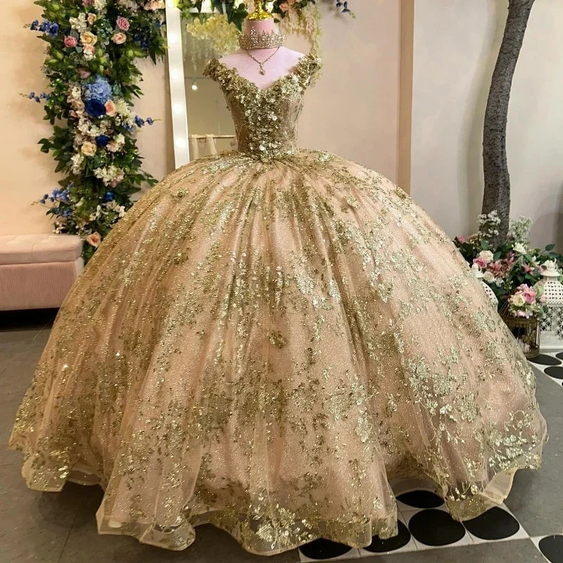 Women's Seasonal Garments Style Redefined Sparkly Champagne Gold Ball Gown Quinceanera Dress Off The Shoulder Applique Bead Birthday Party Sweet