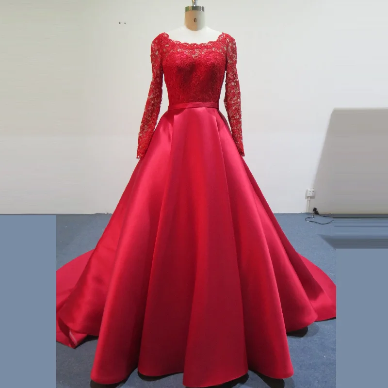 High-Fashion Women's Clothing Effortless Chic Apparel Long Sleeve Low Back A-line Satin Red Wedding Dresses